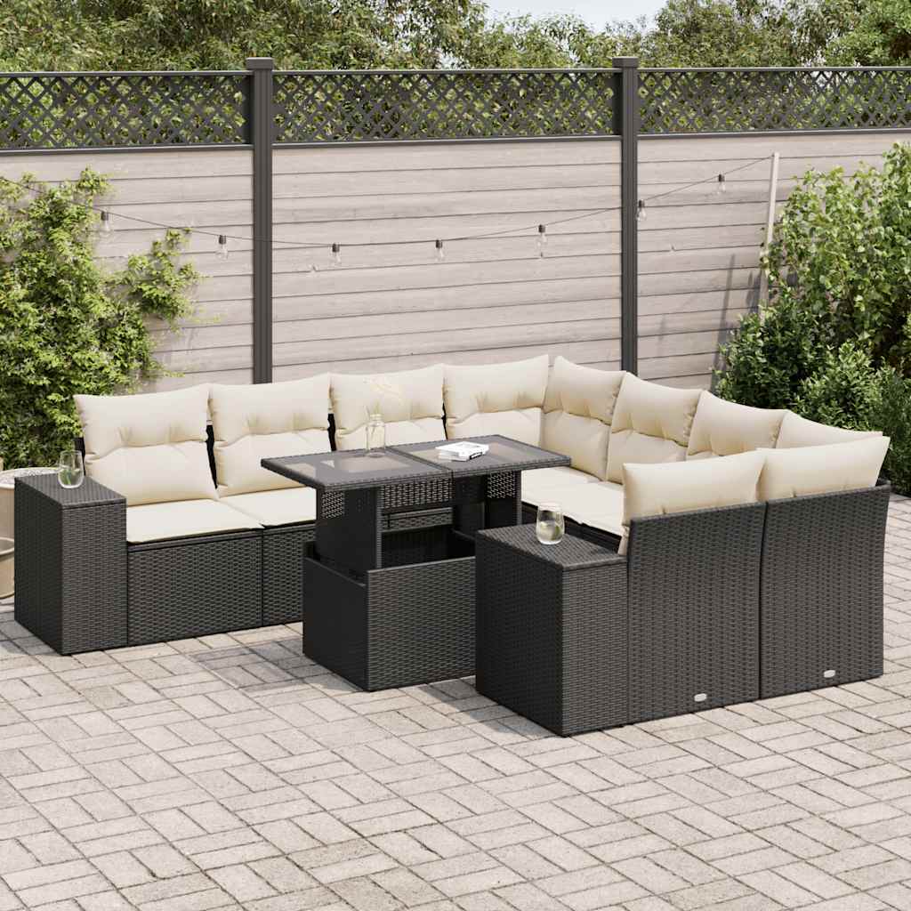 9 Pcs conjunto de sofás p/ jardim c/ almofadões vime PE preto