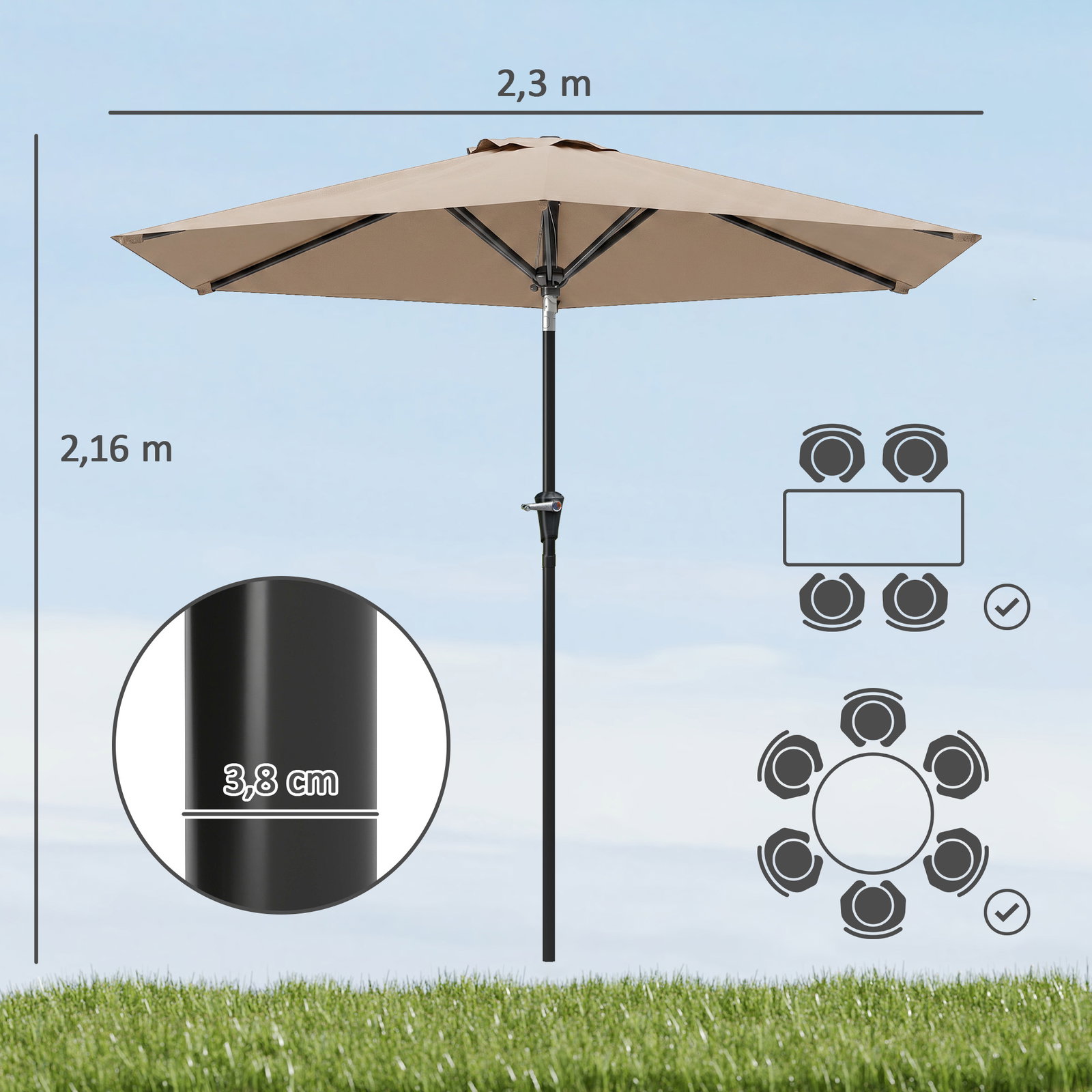 Chapéu de sol de jardim ø230x216 cm com teto ajustável abertura manual impermeável para terraço pátio piscina praia caqui