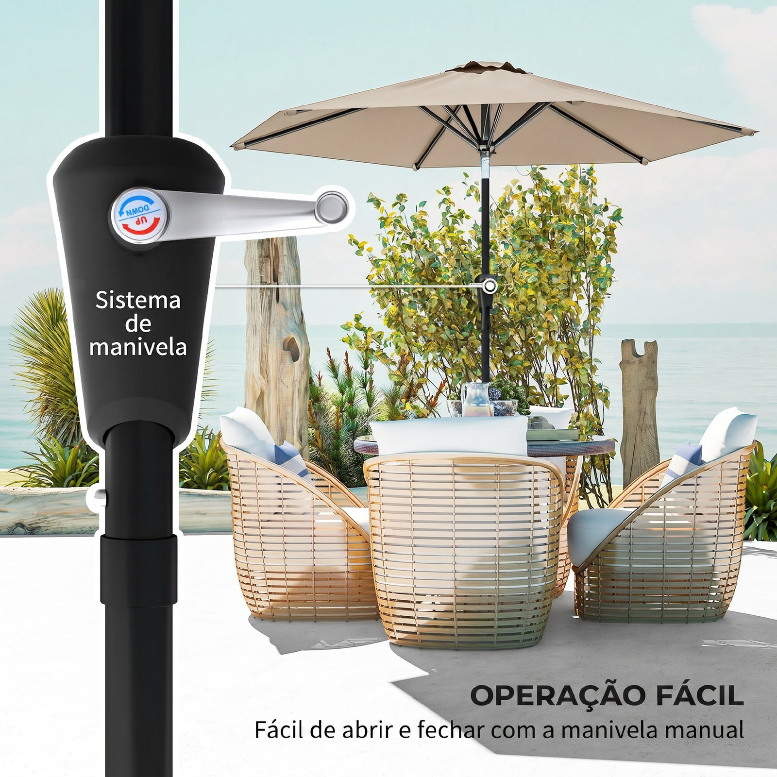 Chapéu de sol de jardim ø230x216 cm com teto ajustável abertura manual impermeável para terraço pátio piscina praia caqui
