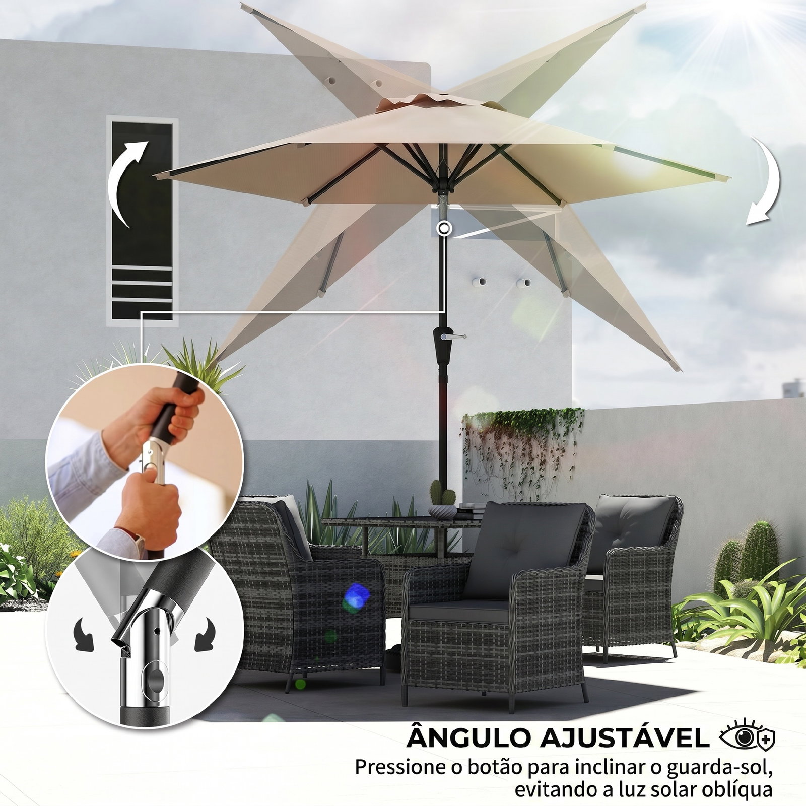 Chapéu de sol de jardim ø230x216 cm com teto ajustável abertura manual impermeável para terraço pátio piscina praia caqui