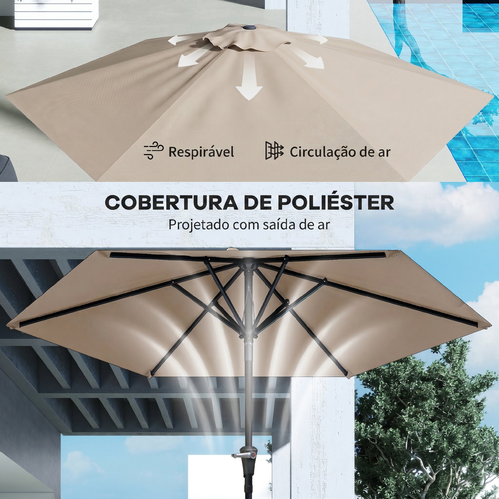 Chapéu de sol de jardim ø230x216 cm com teto ajustável abertura manual impermeável para terraço pátio piscina praia caqui
