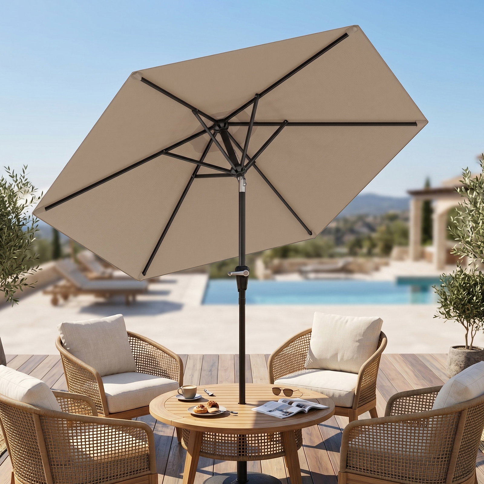 Chapéu de sol de jardim ø230x216 cm com teto ajustável abertura manual impermeável para terraço pátio piscina praia caqui