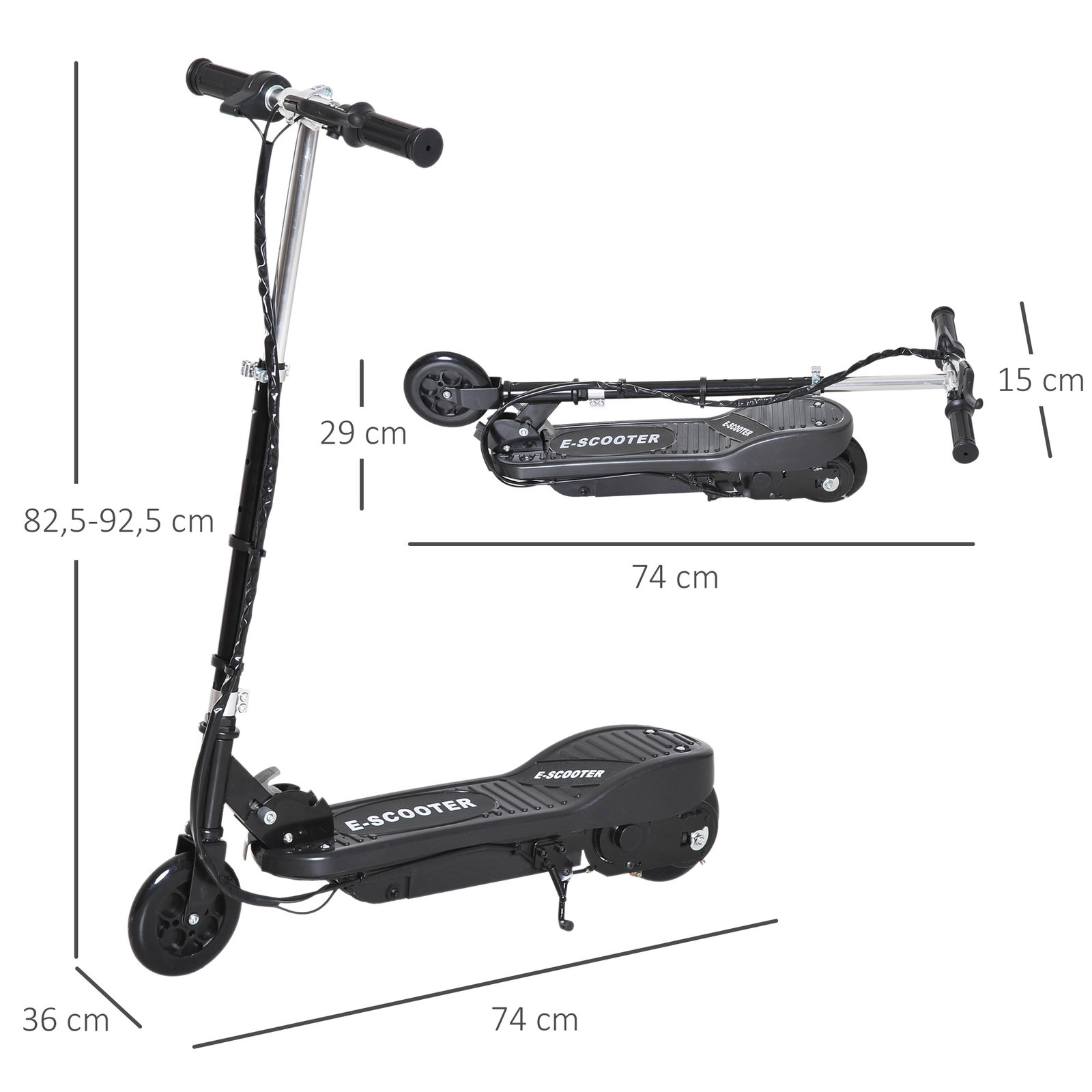 Trotinete elétrica para crianças + 7 anos trotinete dobrável com altura ajustável 24v bateria recarregável velocidade até 12 km/h e carga 50 kg 74x36x82,5-92,5 cm preto