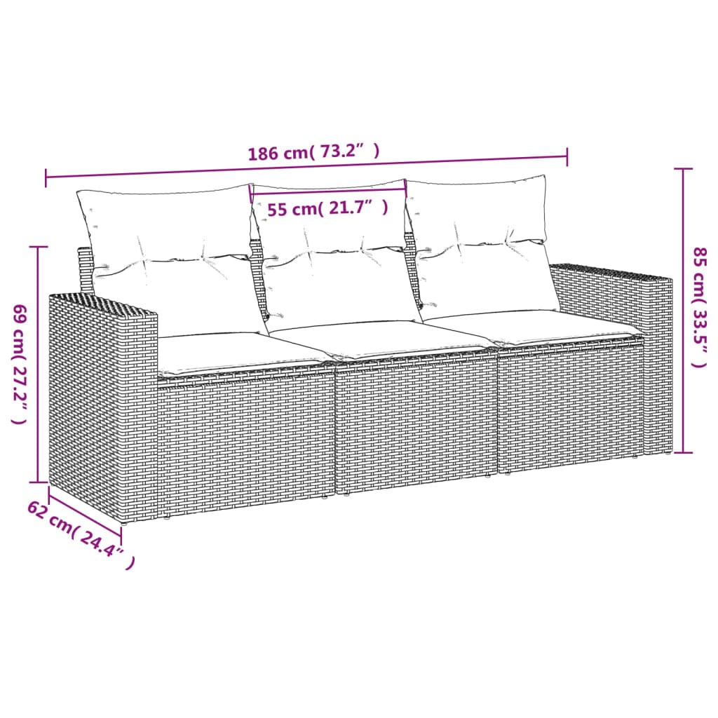3 Pcs conjunto de sofás p/ jardim com almofadões vime PE bege