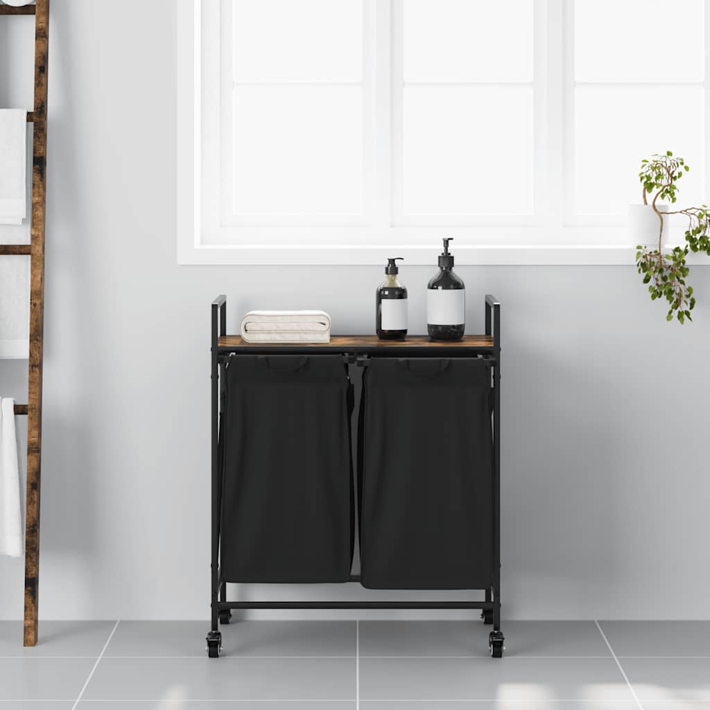 Cesto de roupa suja com 2 compartimentos e rodas, cor carvalho defumado