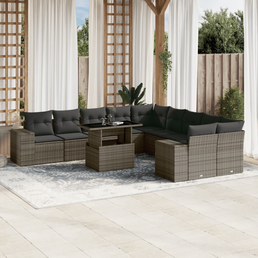 11 Pcs conjunto sofás de jardim c/ almofadões vime PE cinzento