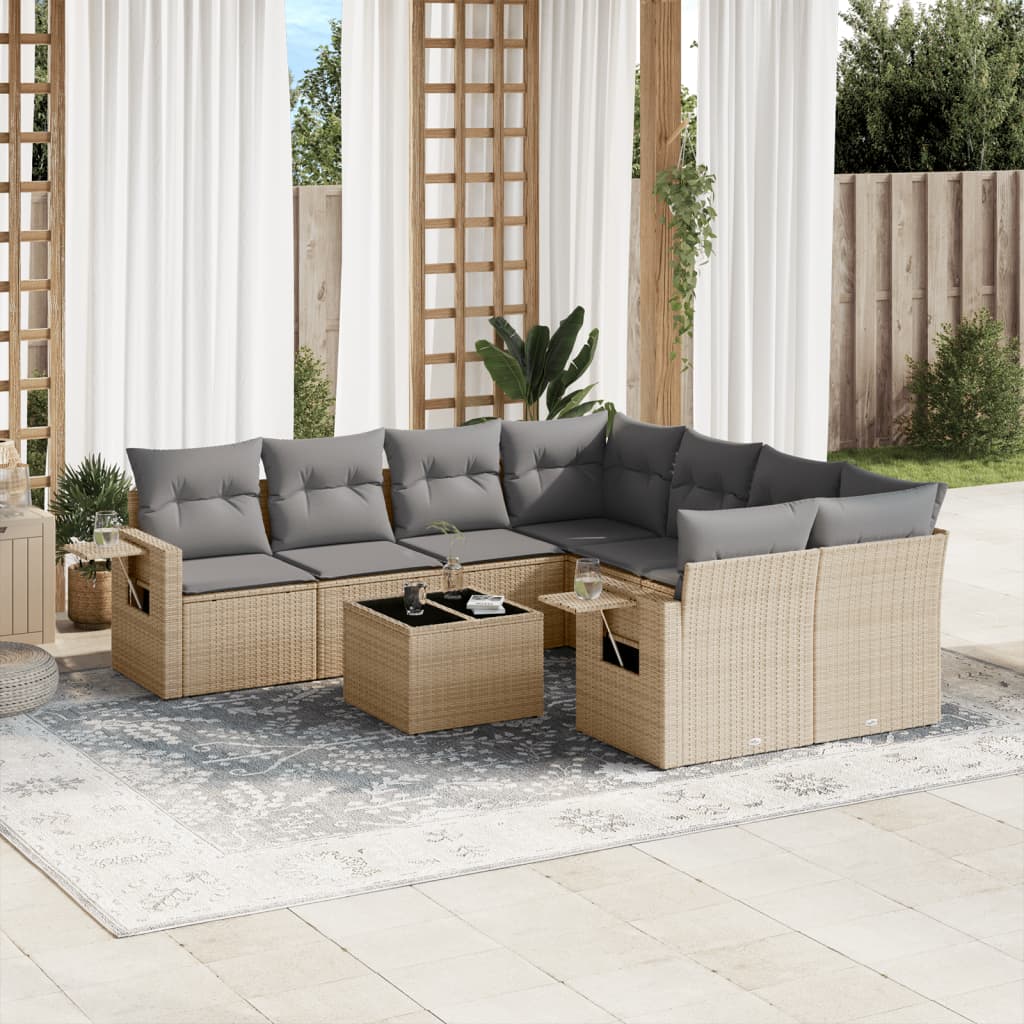 9 Pcs conjunto de sofás p/ jardim com almofadões vime PE bege