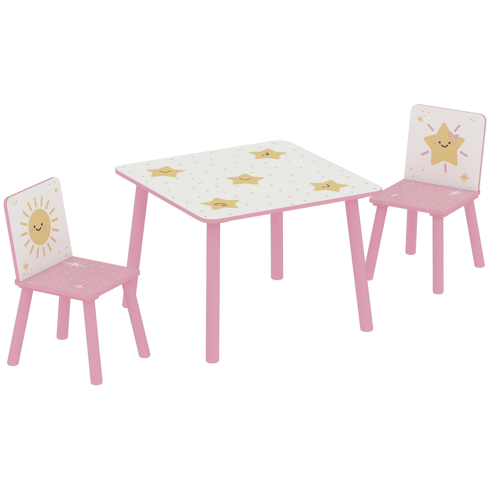 Mesa e cadeiras para crianças de 3 peças mesa infantil com 2 cadeiras em madeira com desenhos de estrelas e sol rosa