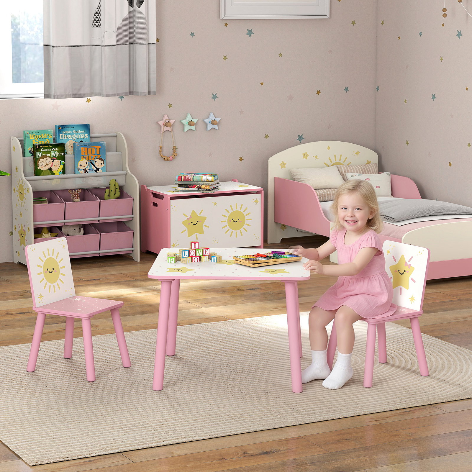 Mesa e cadeiras para crianças de 3 peças mesa infantil com 2 cadeiras em madeira com desenhos de estrelas e sol rosa