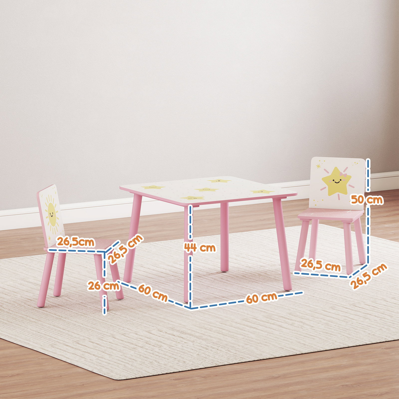 Mesa e cadeiras para crianças de 3 peças mesa infantil com 2 cadeiras em madeira com desenhos de estrelas e sol rosa