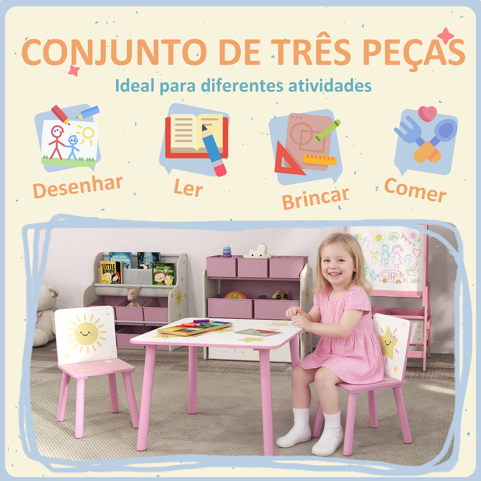 Mesa e cadeiras para crianças de 3 peças mesa infantil com 2 cadeiras em madeira com desenhos de estrelas e sol rosa