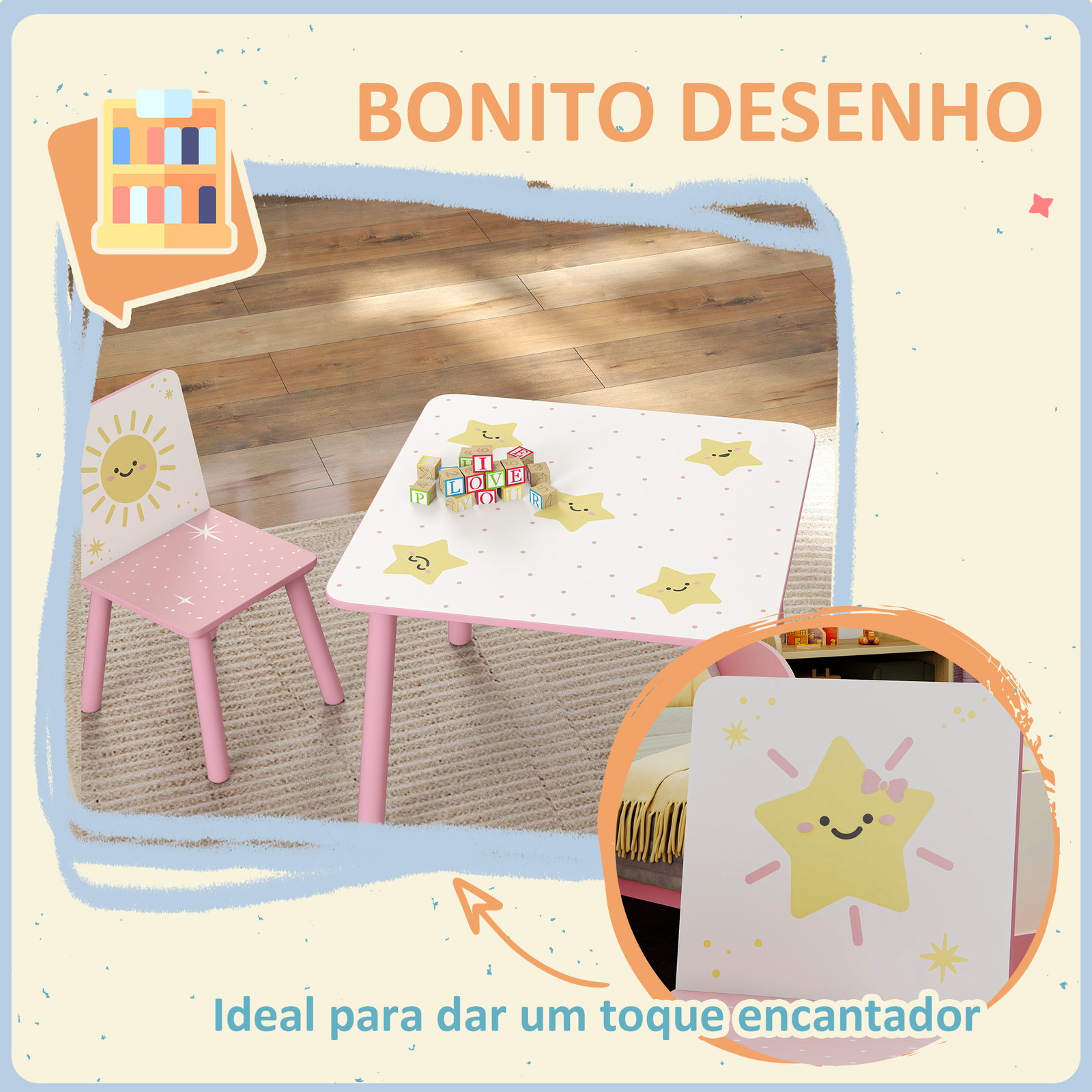 Mesa e cadeiras para crianças de 3 peças mesa infantil com 2 cadeiras em madeira com desenhos de estrelas e sol rosa
