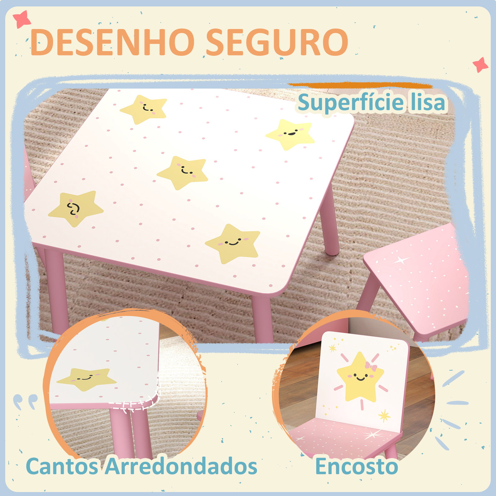 Mesa e cadeiras para crianças de 3 peças mesa infantil com 2 cadeiras em madeira com desenhos de estrelas e sol rosa