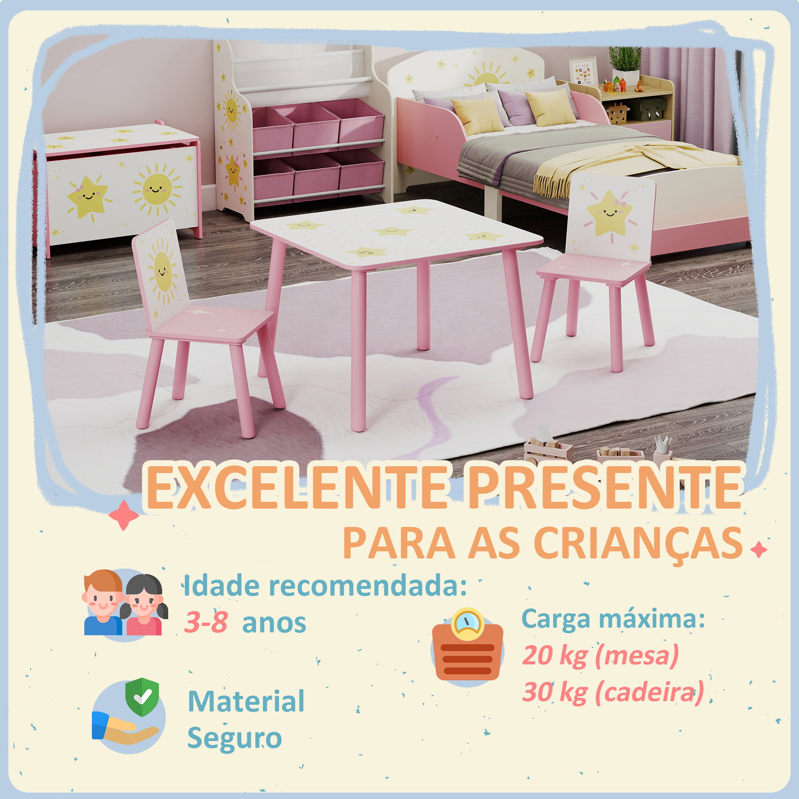 Mesa e cadeiras para crianças de 3 peças mesa infantil com 2 cadeiras em madeira com desenhos de estrelas e sol rosa
