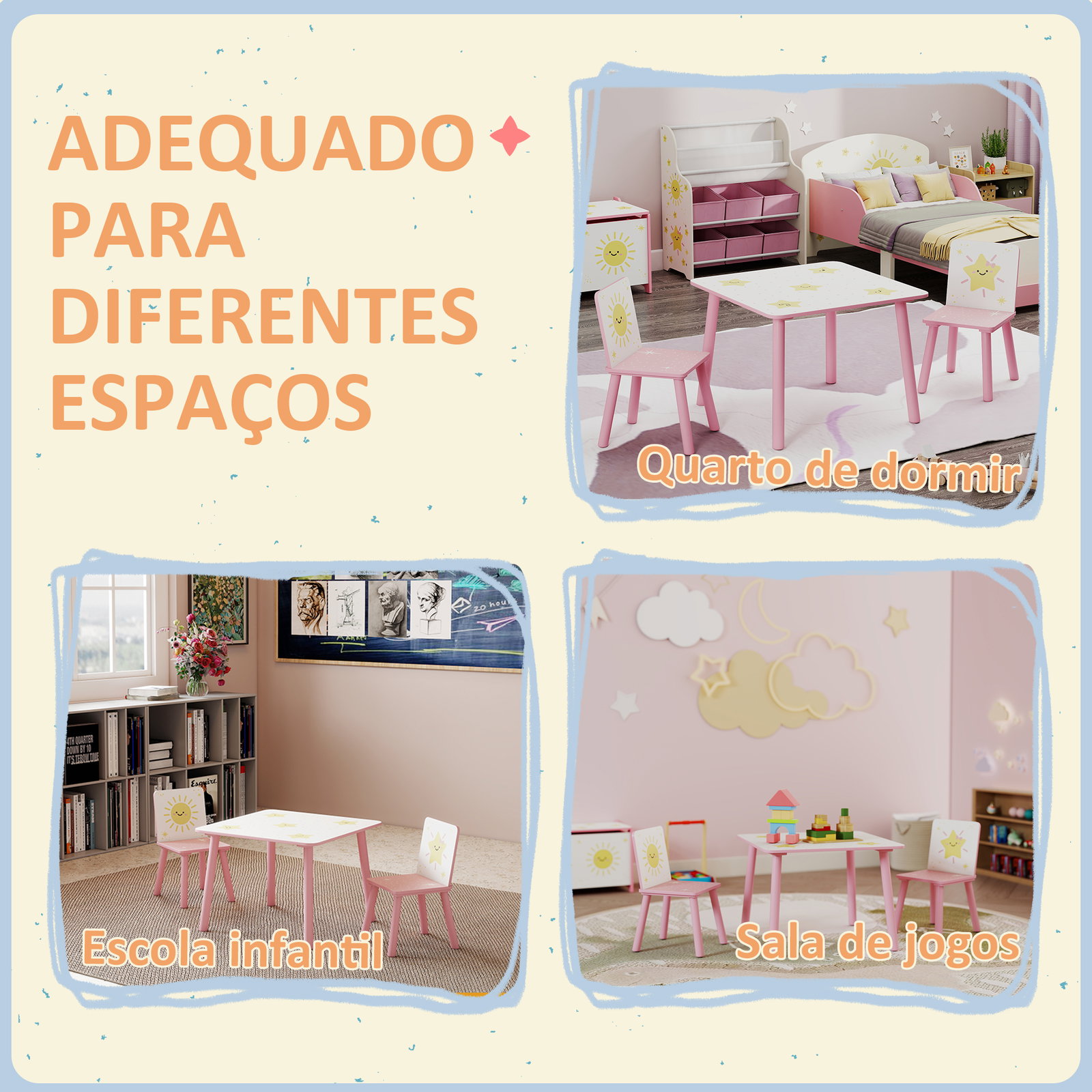 Mesa e cadeiras para crianças de 3 peças mesa infantil com 2 cadeiras em madeira com desenhos de estrelas e sol rosa