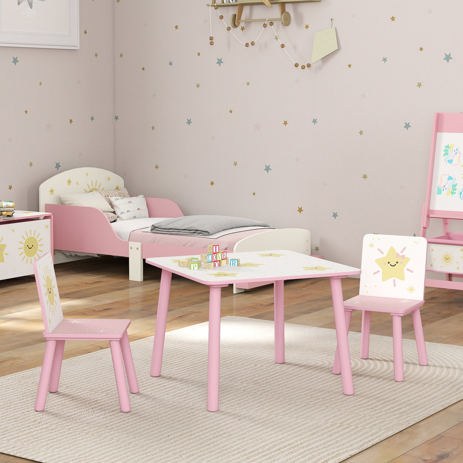 Mesa e cadeiras para crianças de 3 peças mesa infantil com 2 cadeiras em madeira com desenhos de estrelas e sol rosa
