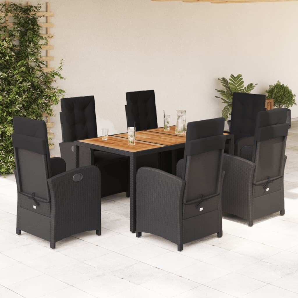 7 Pcs conjunto de jantar p/ jardim c/ almofadões vime PE preto