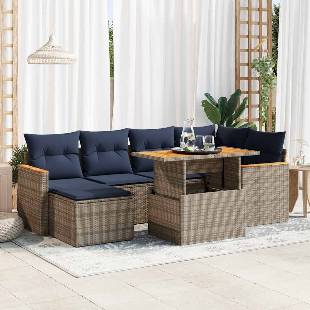 7 Pcs conjunto sofás p/ jardim c/ almofadões vime PE cinzento