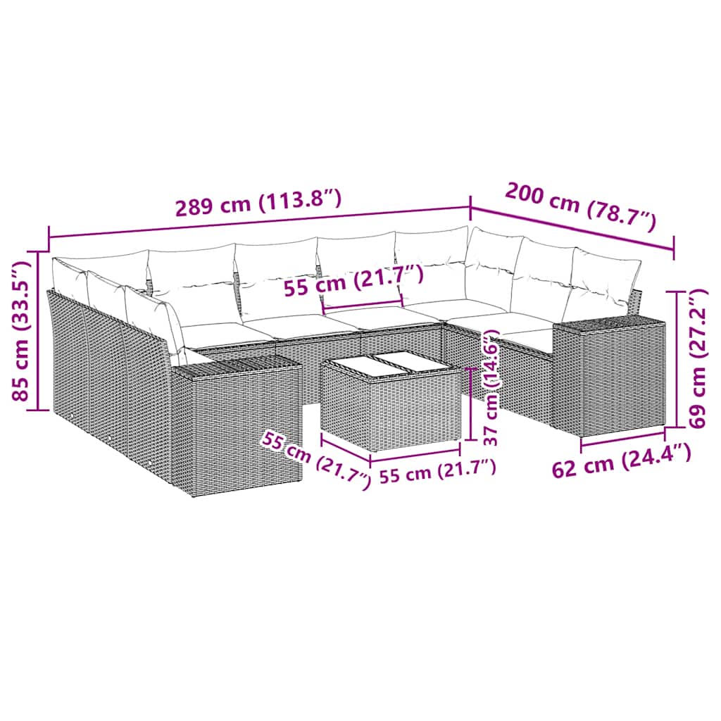 10 Pcs conjunto sofás de jardim c/ almofadões vime PE preto