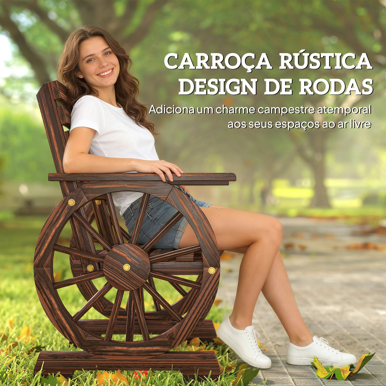 Banco de jardim em madeira com braços de roda de carro assento largo com ripas e encosto inclinado carbonizado