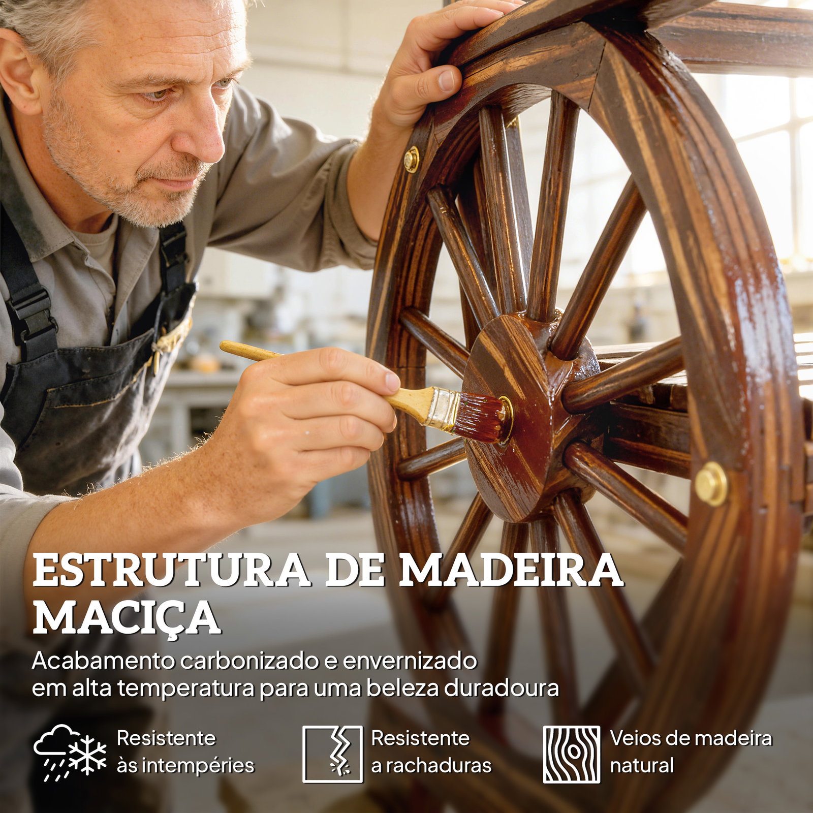 Banco de jardim em madeira com braços de roda de carro assento largo com ripas e encosto inclinado carbonizado