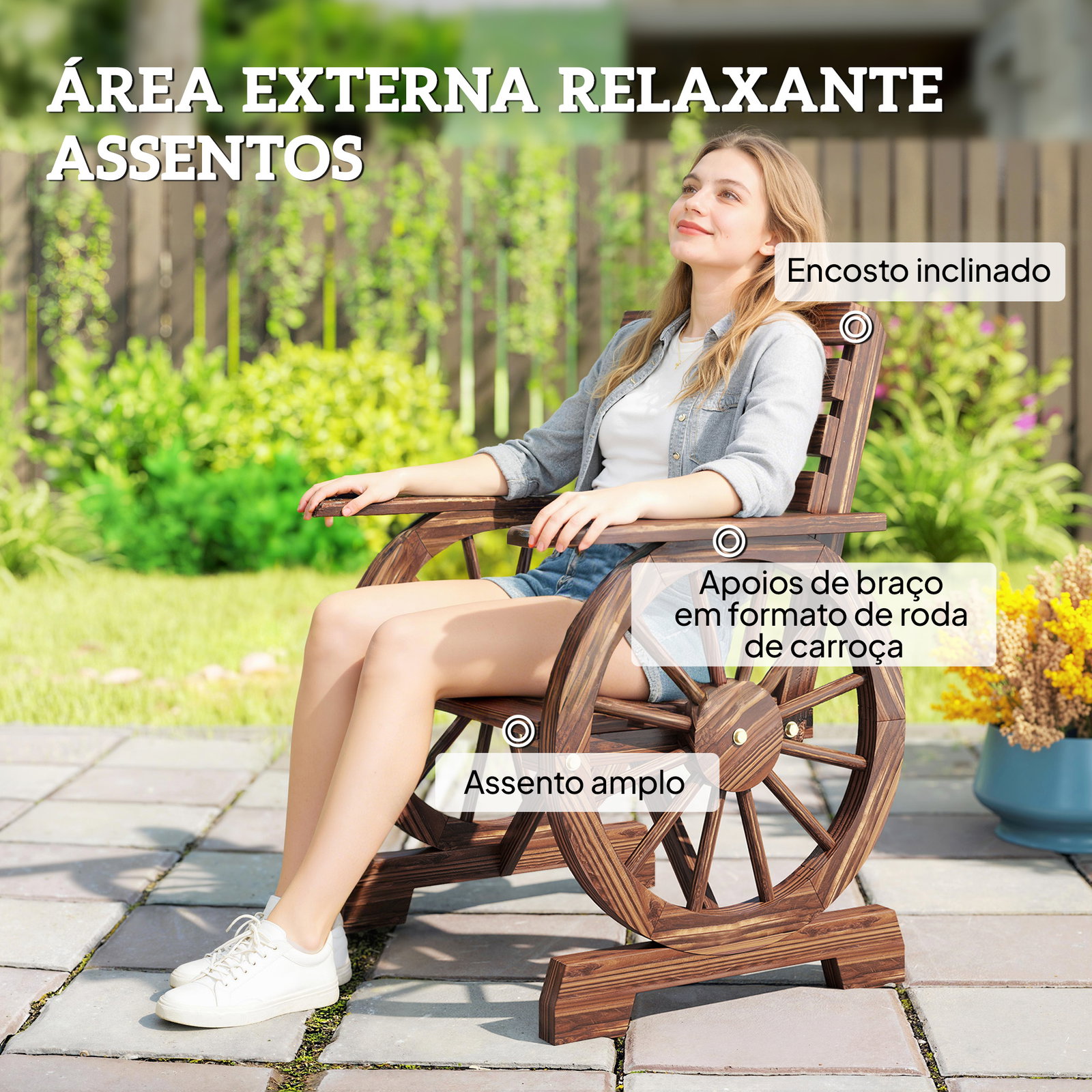 Banco de jardim em madeira com braços de roda de carro assento largo com ripas e encosto inclinado carbonizado