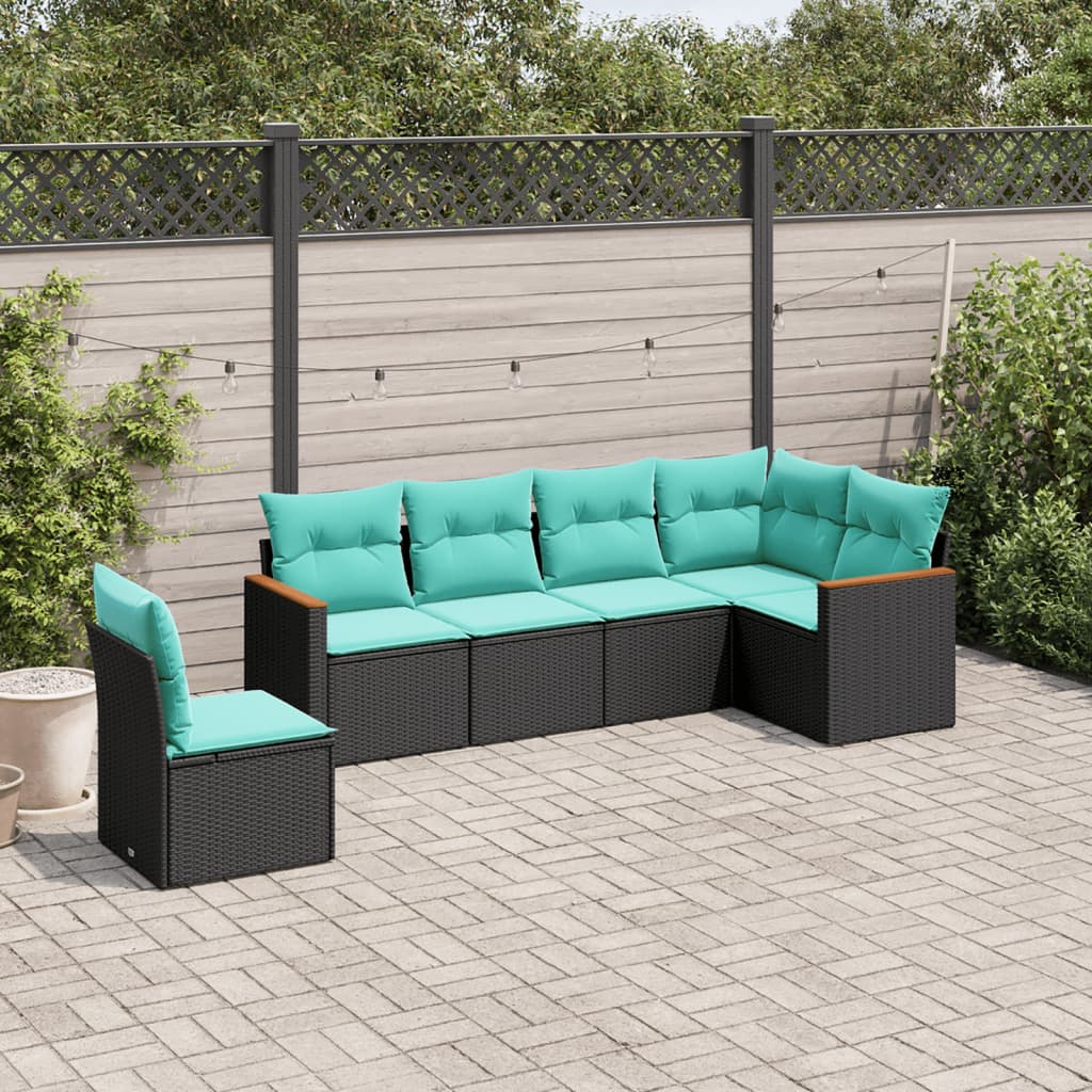 Conjunto de sofá de jardim com 6 peças e almofadas em rattan sintético preto