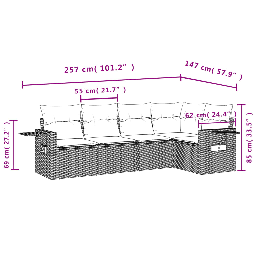 5 Pcs conjunto de sofás p/ jardim com almofadões vime PE bege