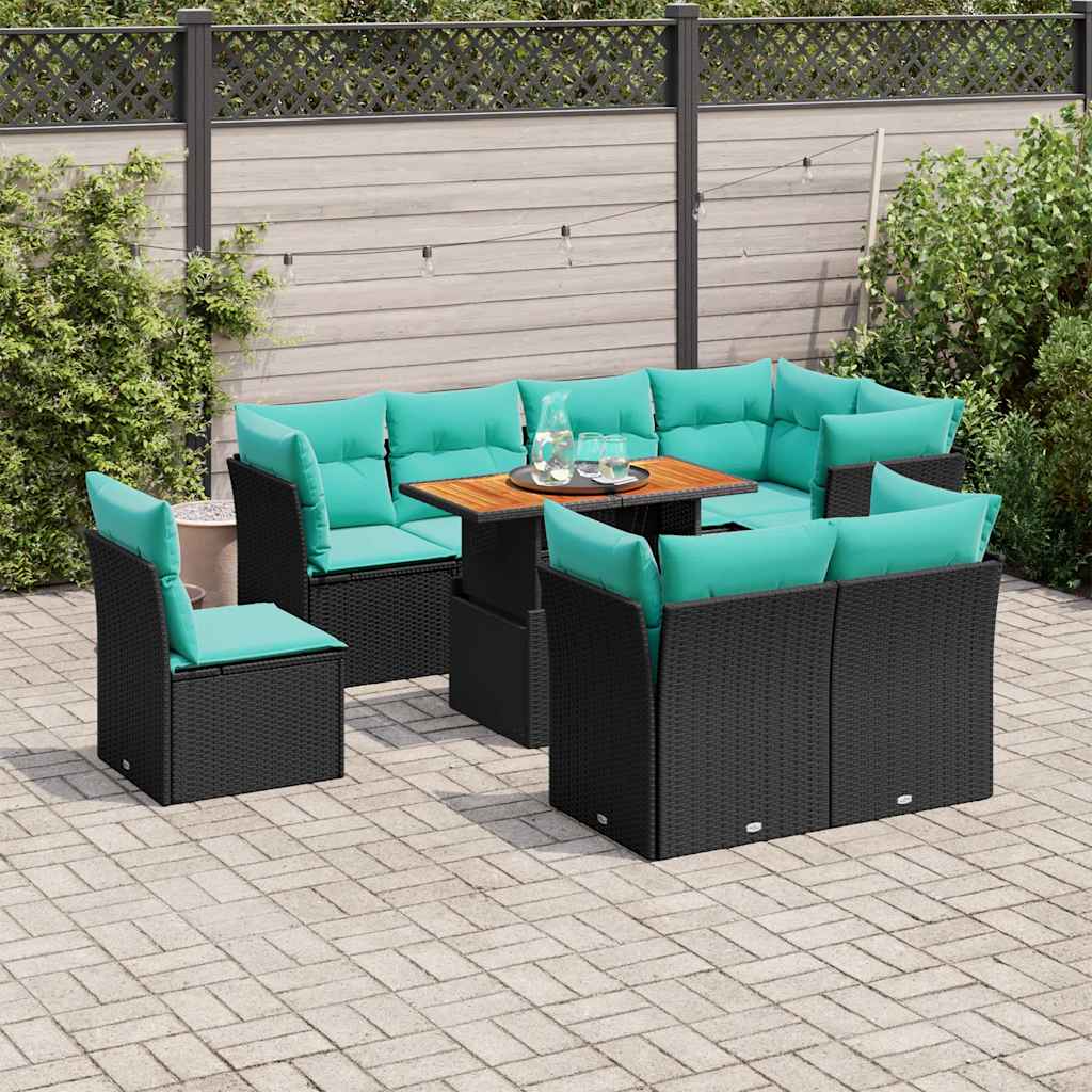 9 Pcs conjunto de sofás p/ jardim c/ almofadões vime PE preto