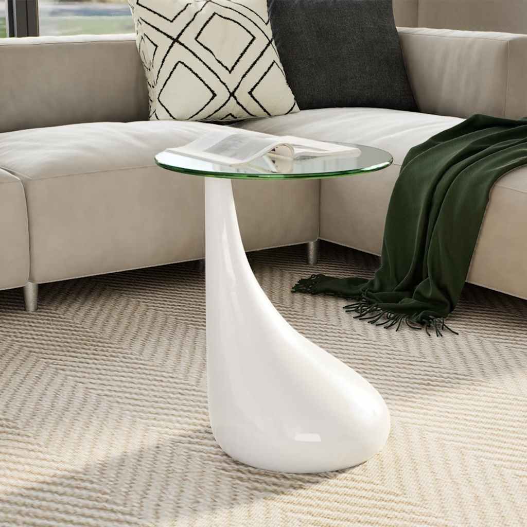 Mesa de centro com tampo redondo de vidro, branco brilhante