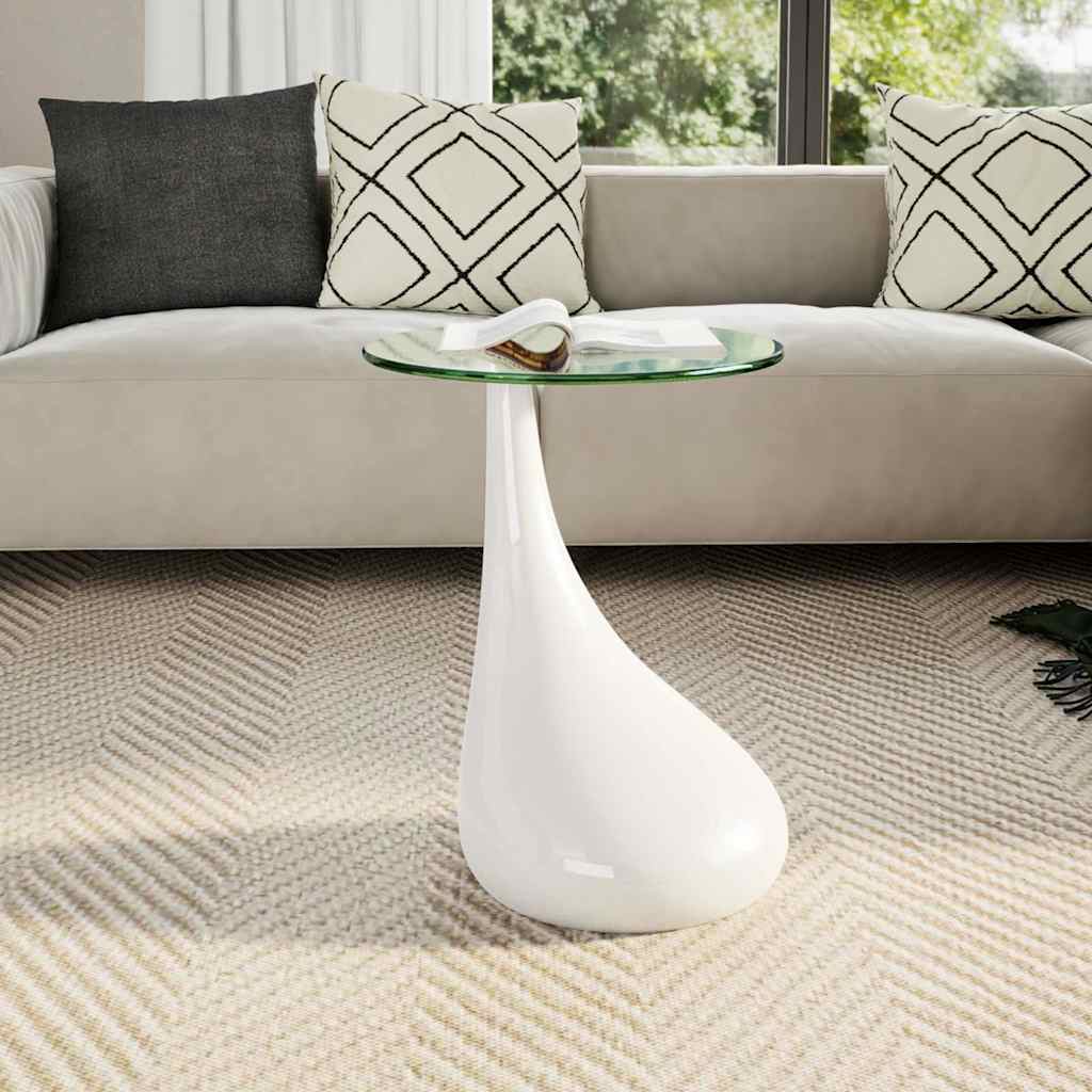 Mesa de centro com tampo redondo de vidro, branco brilhante