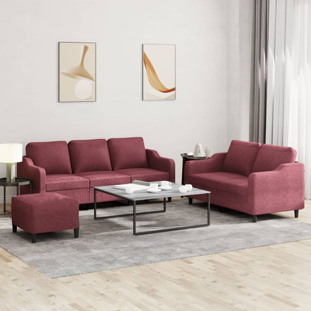 3 Pcs conjunto de sofás com almofadões tecido vermelho tinto