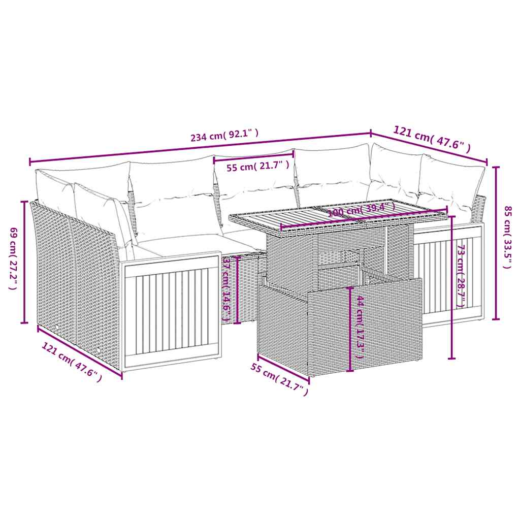7 Pcs conjunto de sofás p/ jardim c/ almofadões vime PE preto