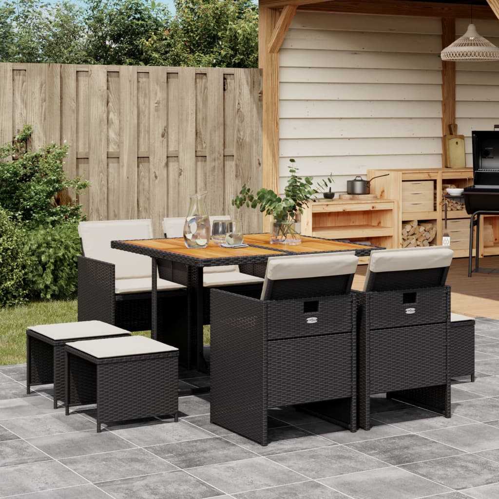 9 Pcs conjunto de jantar p/ jardim c/ almofadões vime PE preto