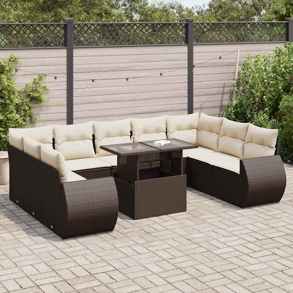 10 Pcs conj. sofás jardim com almofadões vime PE castanho