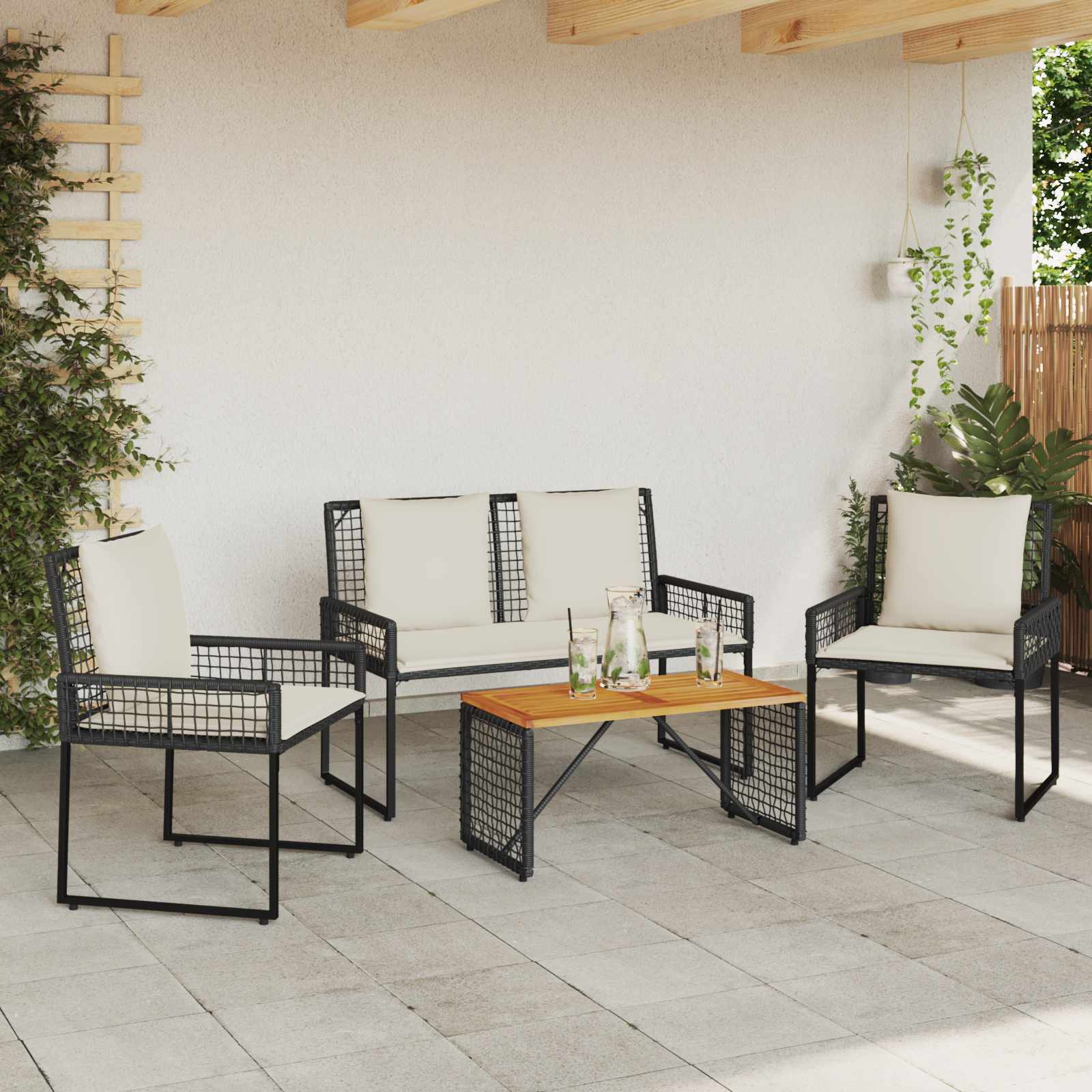 Conjunto de móveis para exterior 4 unid. preto e branco creme