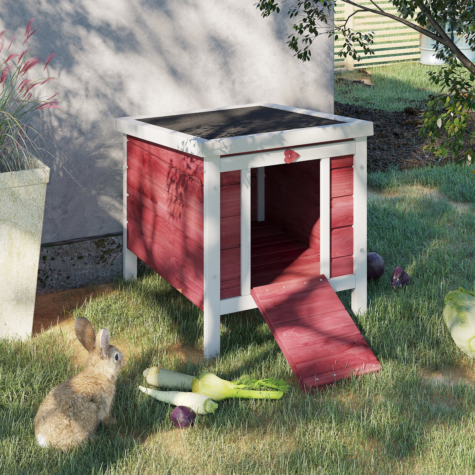 Coelheira de madeira exterior coelheira para roedores animais de estimação pequenos com teto asfáltico e rampa antiderrapante 42x51x43cm vermelho