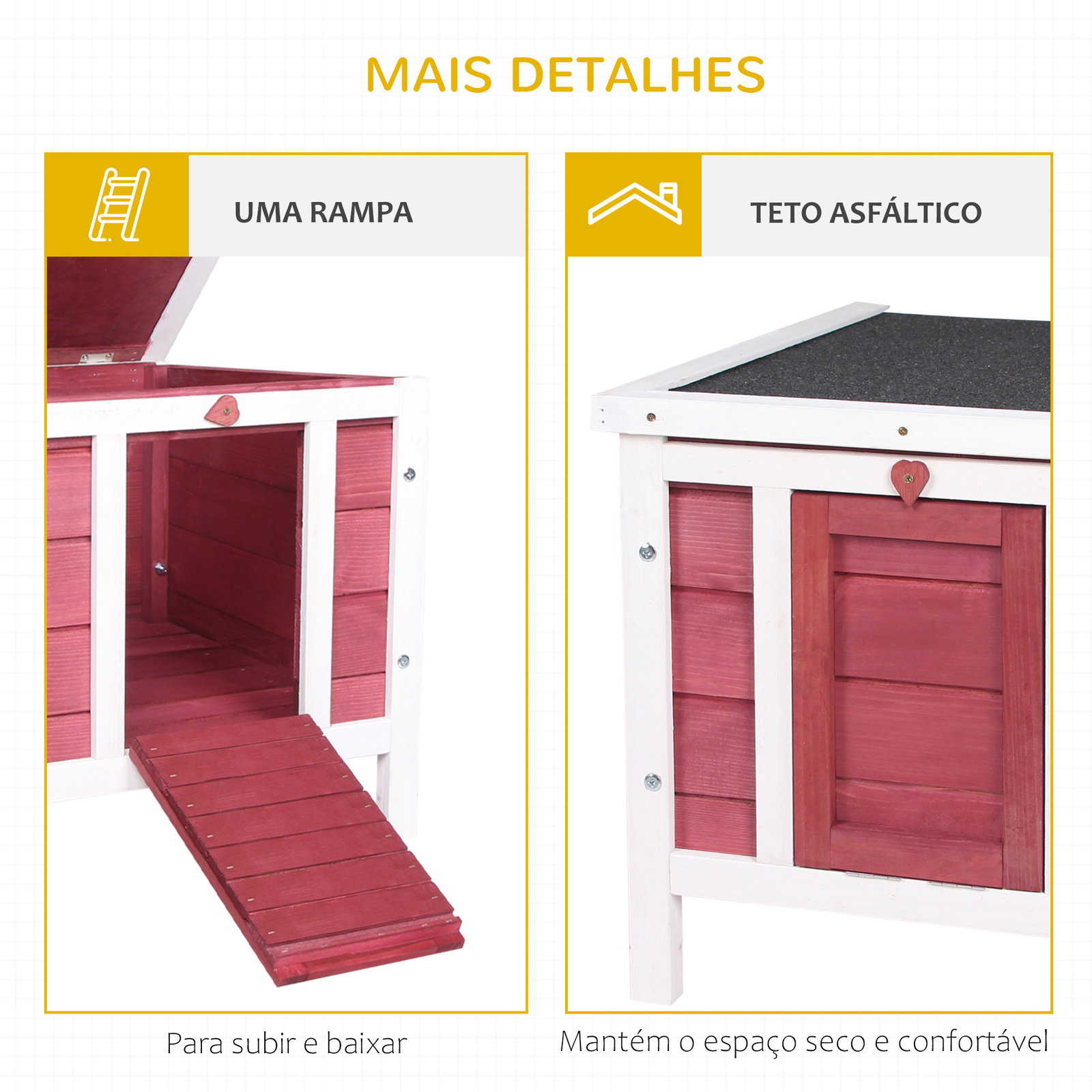 Coelheira de madeira exterior coelheira para roedores animais de estimação pequenos com teto asfáltico e rampa antiderrapante 42x51x43cm vermelho