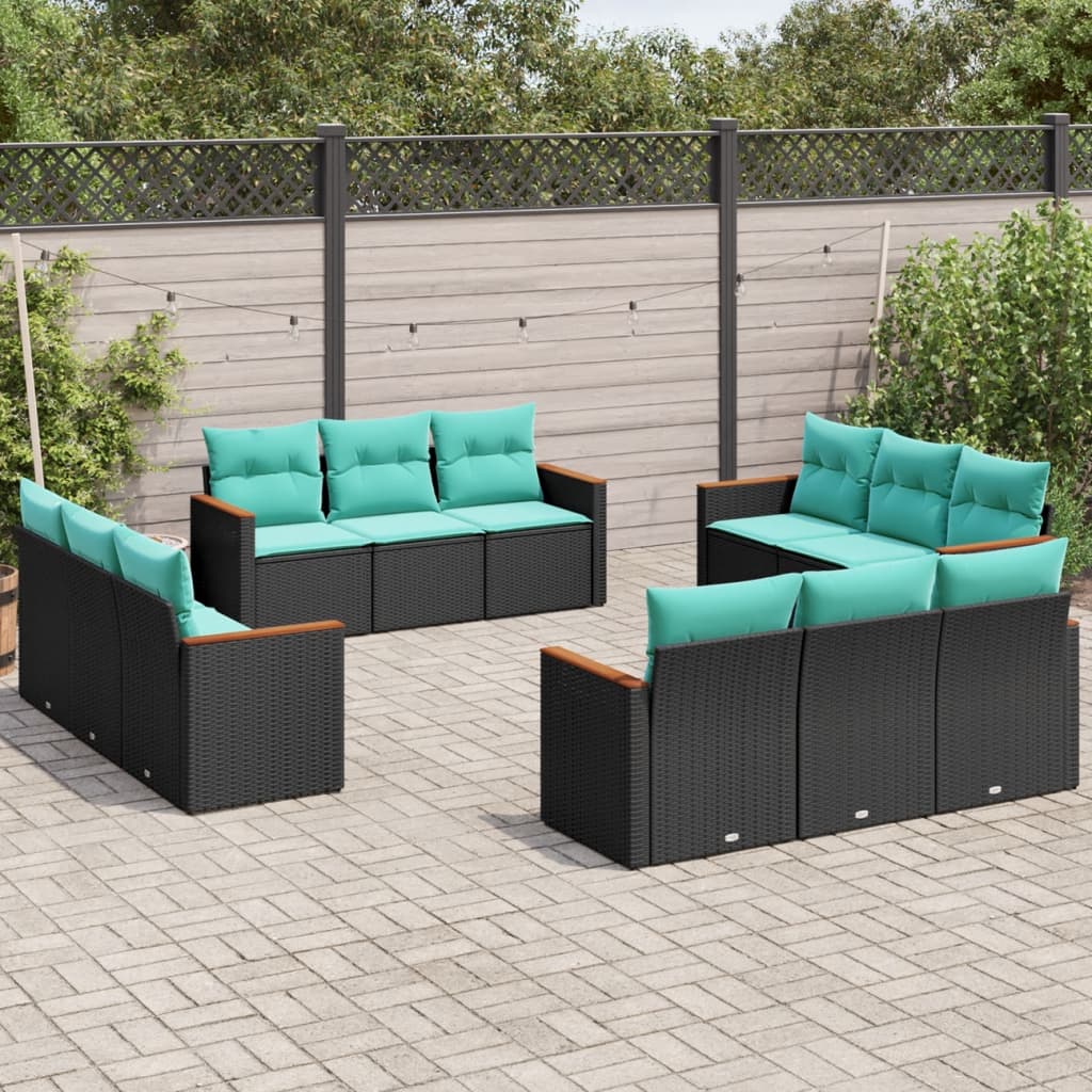 Conjunto de sofá de jardim com 12 peças e almofadas em rattan sintético preto