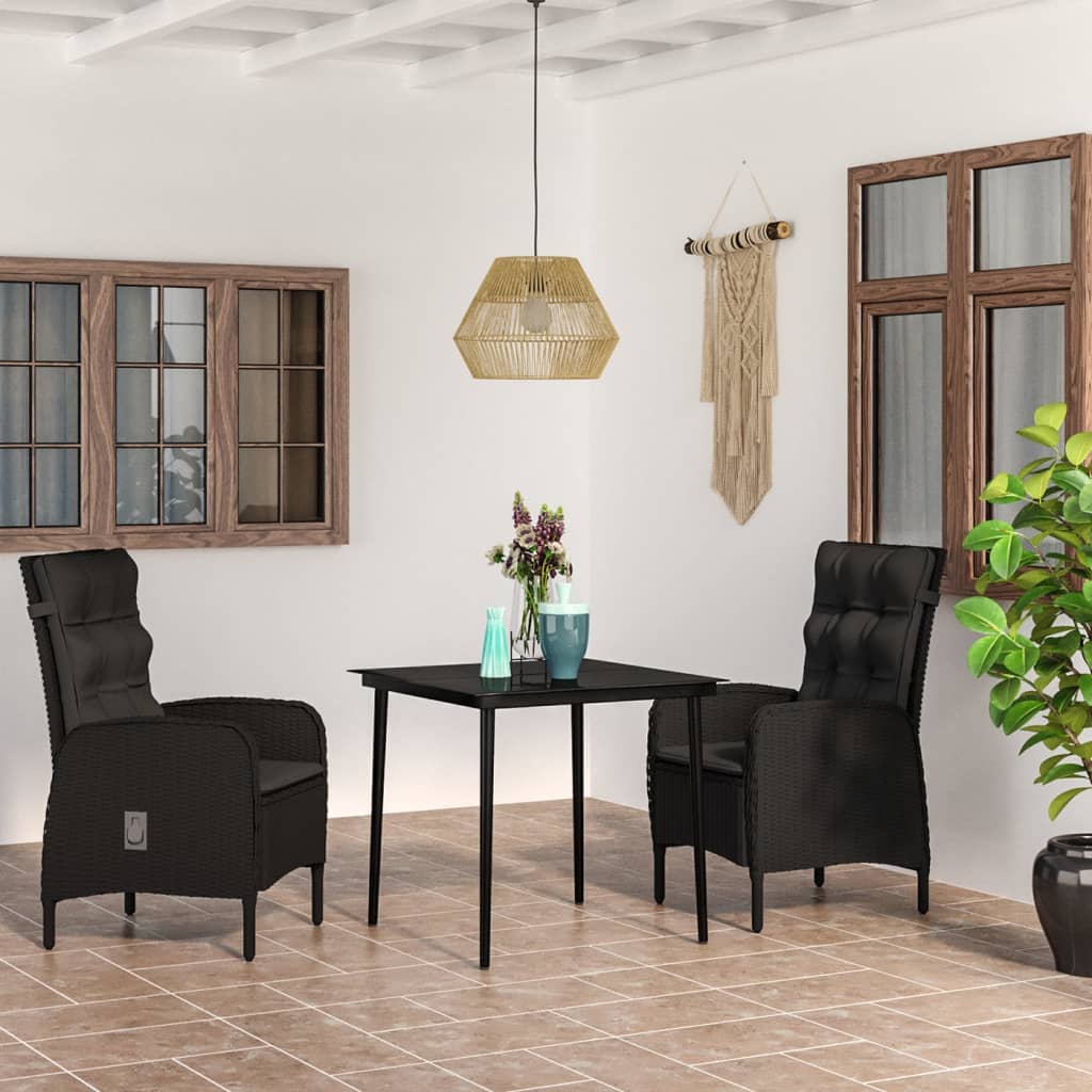 3 Pcs conjunto de jantar para jardim com almofadões preto
