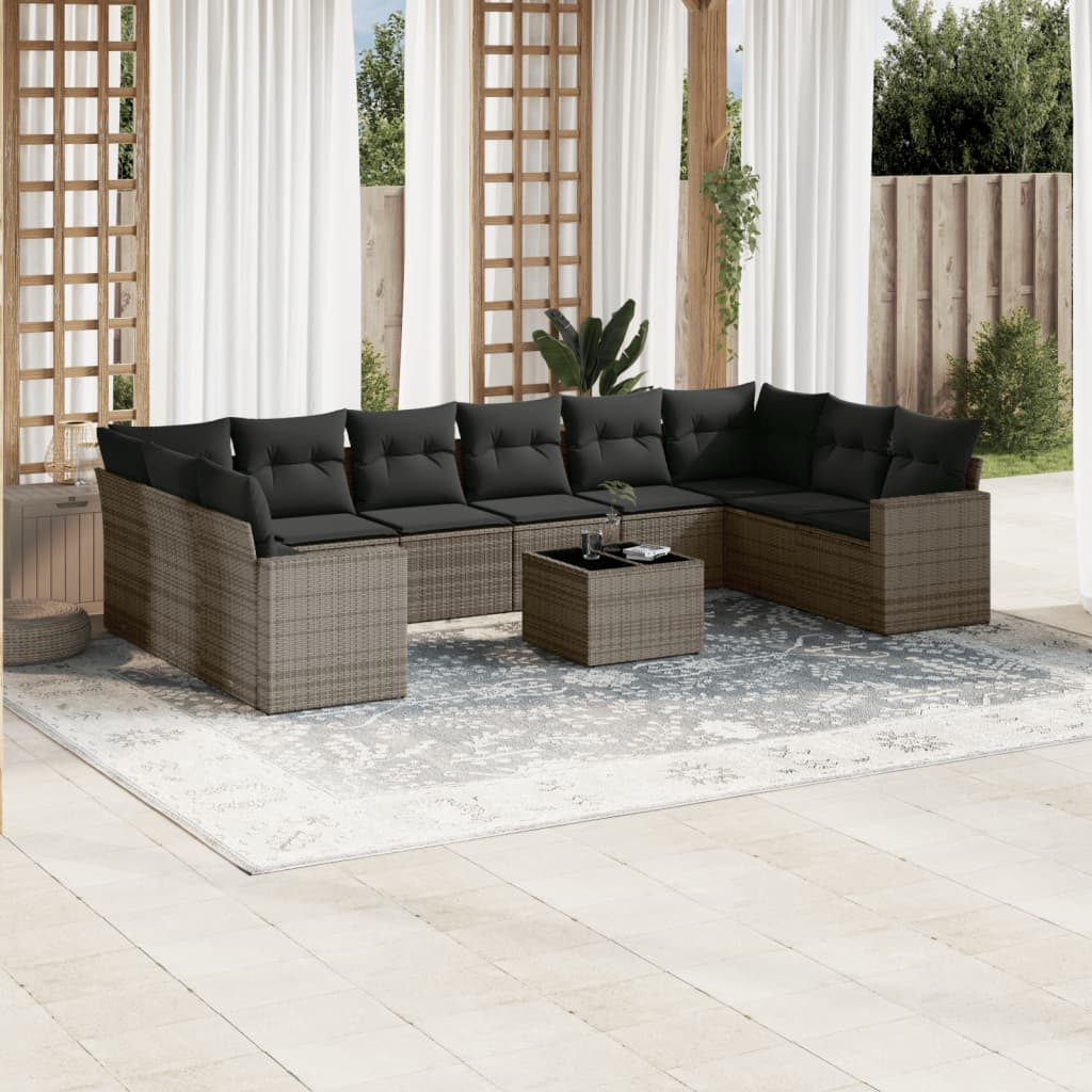 11 Pcs conjunto sofás de jardim c/ almofadões vime PE cinzento