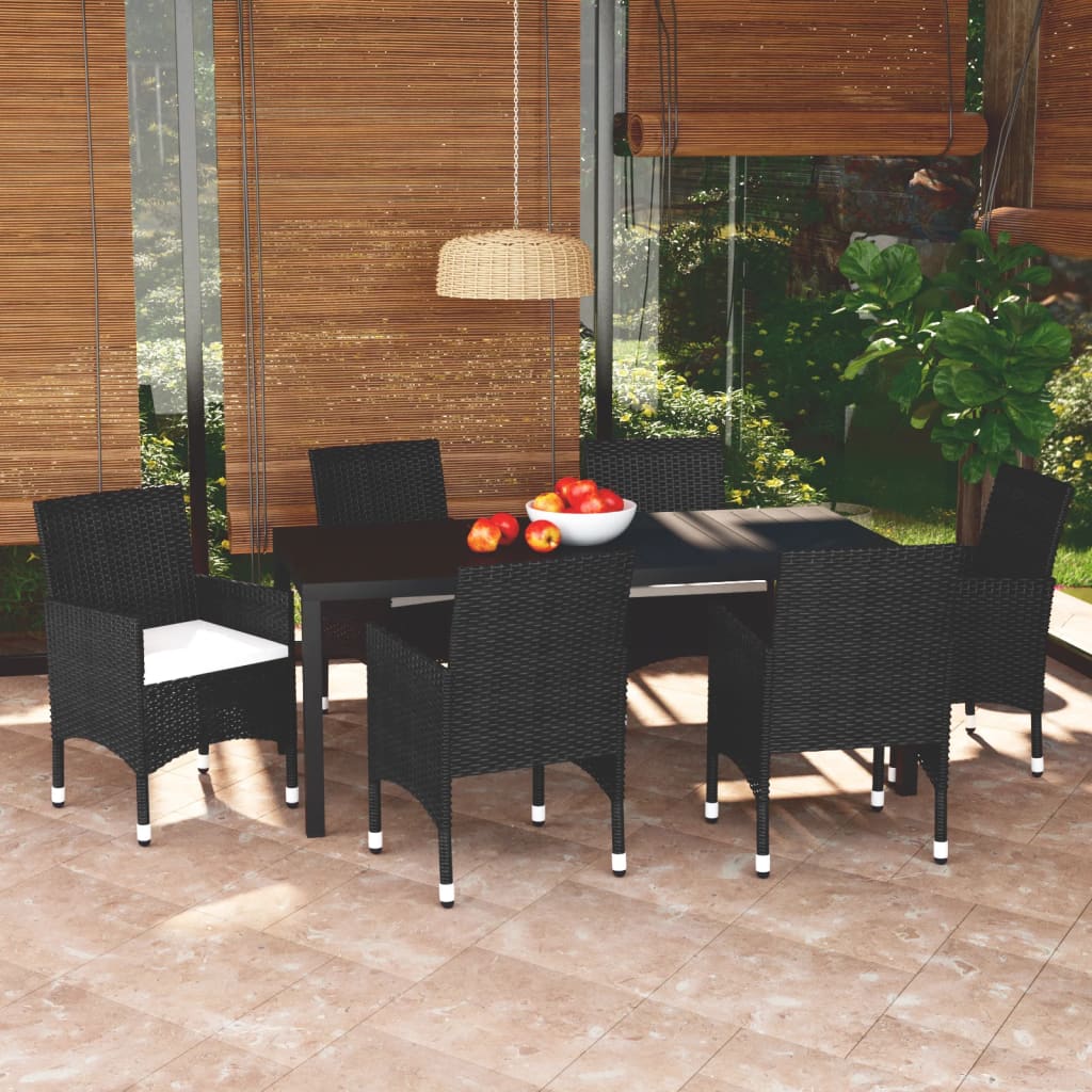 7 Pcs conjunto de jantar p/ jardim c/ almofadões vime PE preto