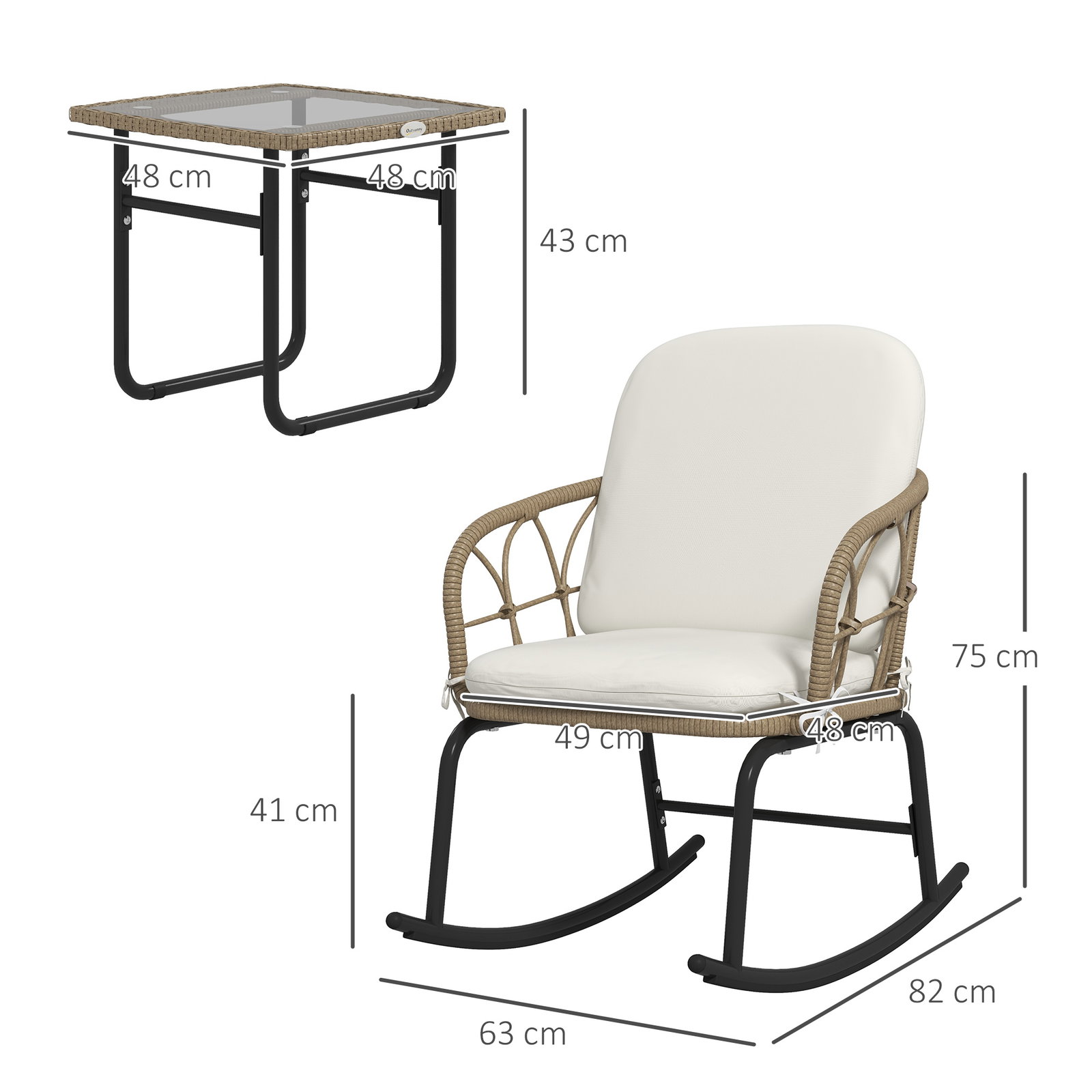 Conjunto de móveis de vime de 3 peças conjunto de 2 cadeiras de baloiço 1 mesa de centro e almofadas creme e bege