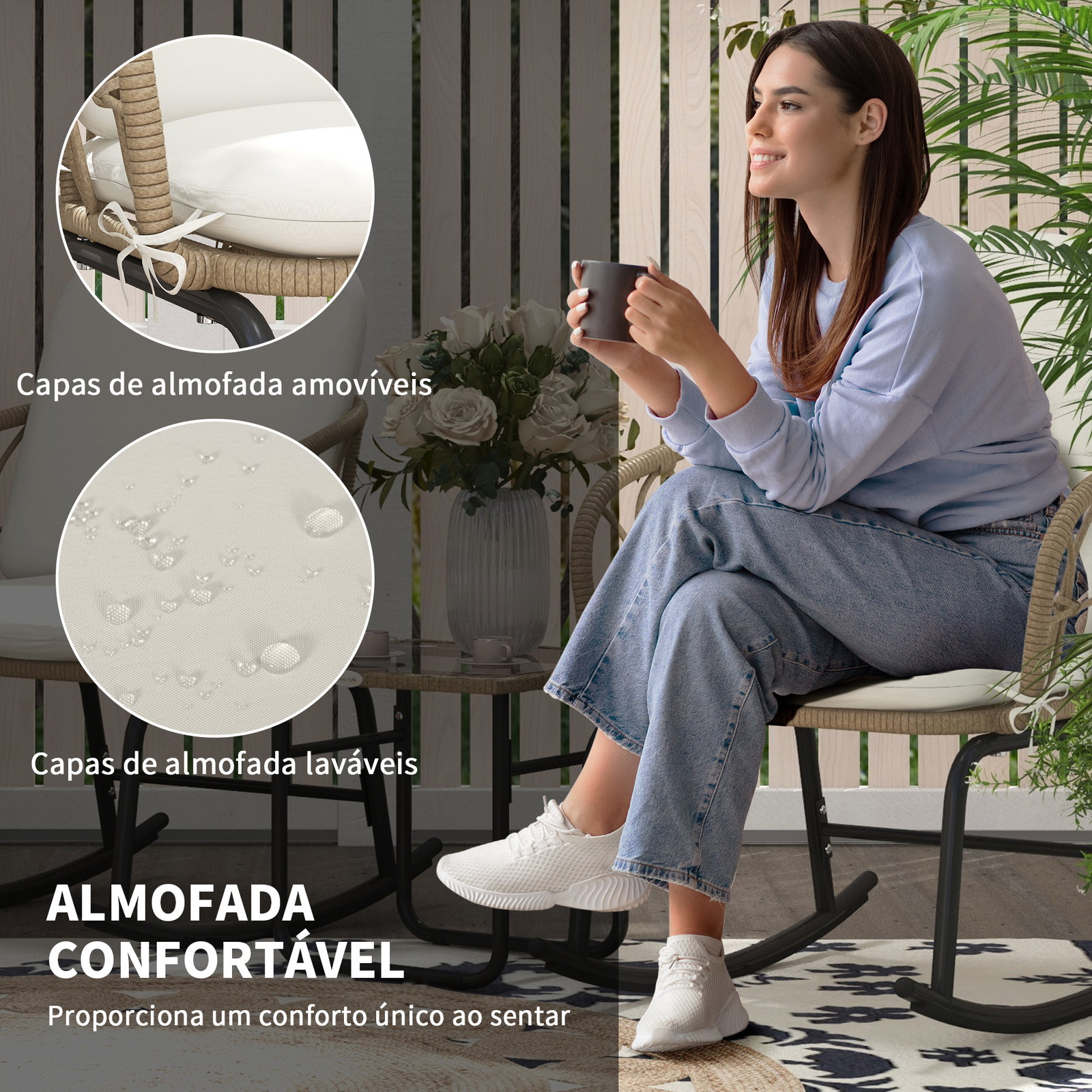 Conjunto de móveis de vime de 3 peças conjunto de 2 cadeiras de baloiço 1 mesa de centro e almofadas creme e bege