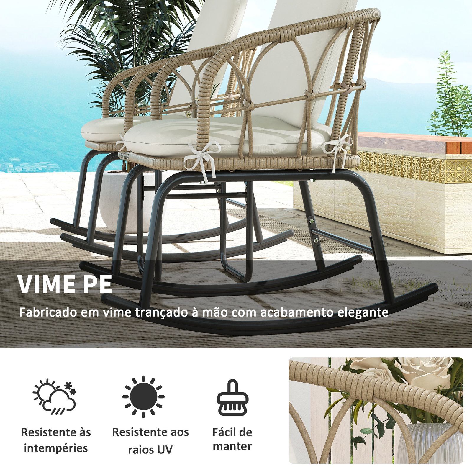 Conjunto de móveis de vime de 3 peças conjunto de 2 cadeiras de baloiço 1 mesa de centro e almofadas creme e bege