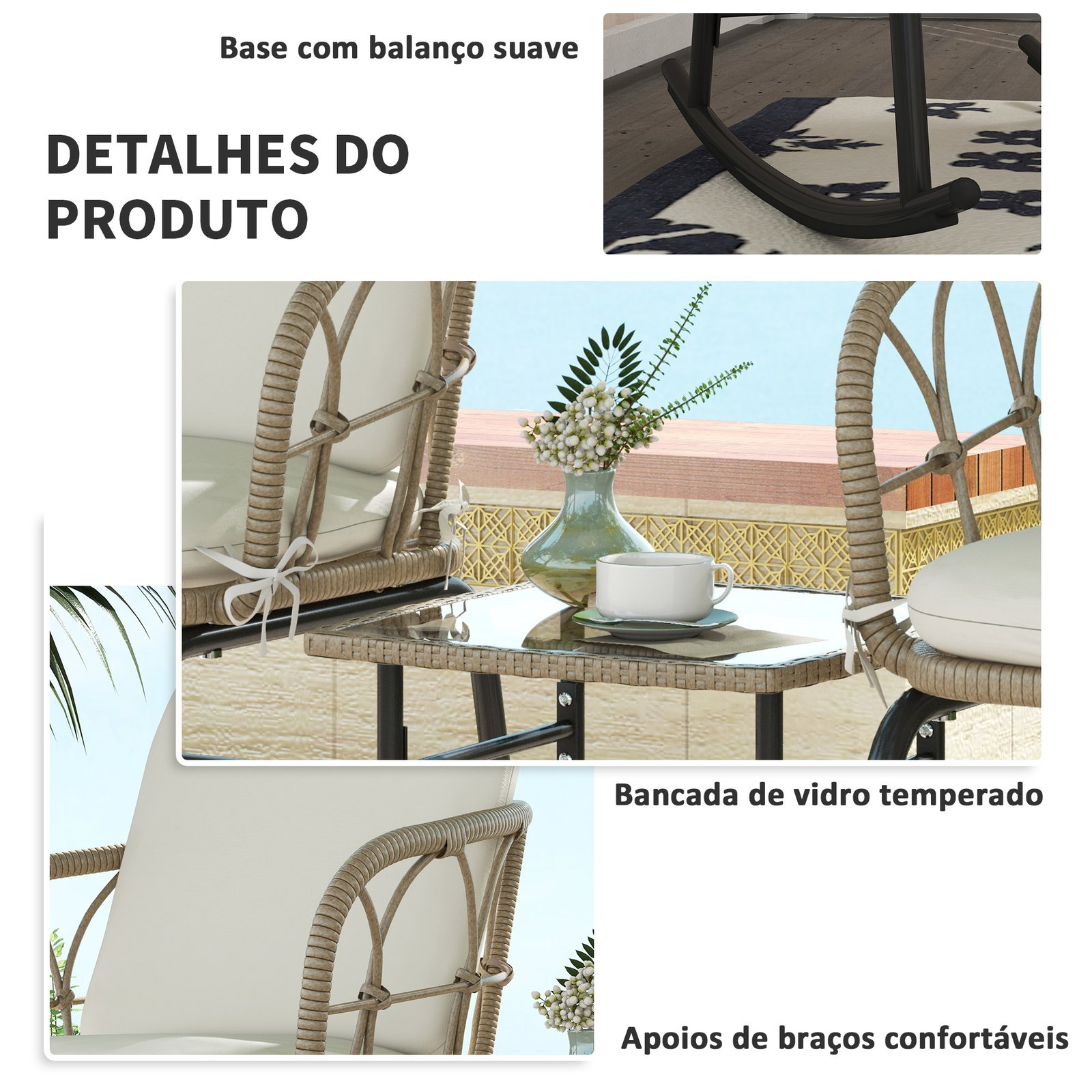 Conjunto de móveis de vime de 3 peças conjunto de 2 cadeiras de baloiço 1 mesa de centro e almofadas creme e bege