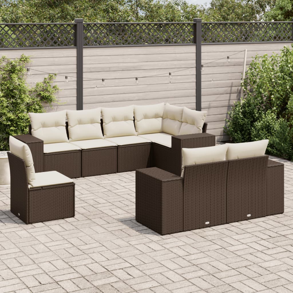 8 Pcs conjunto sofás de jardim c/ almofadões vime PE castanho