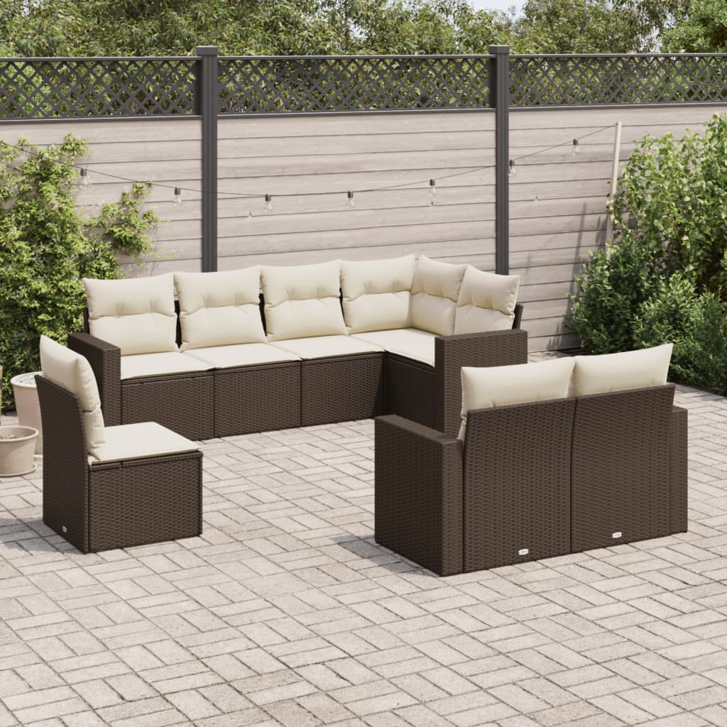 8 Pcs conjunto sofás de jardim c/ almofadões vime PE castanho