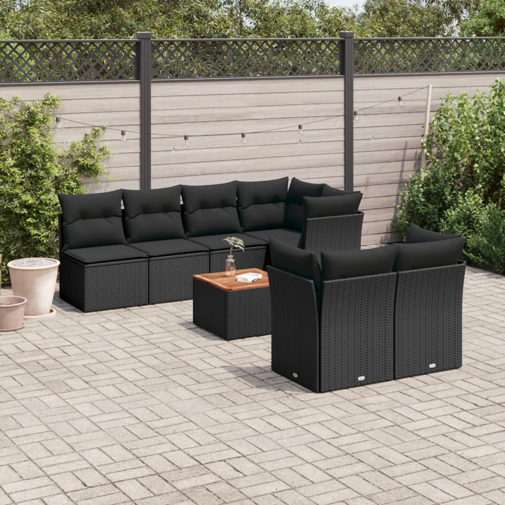8 Pcs conjunto sofás de jardim com almofadões vime PE preto