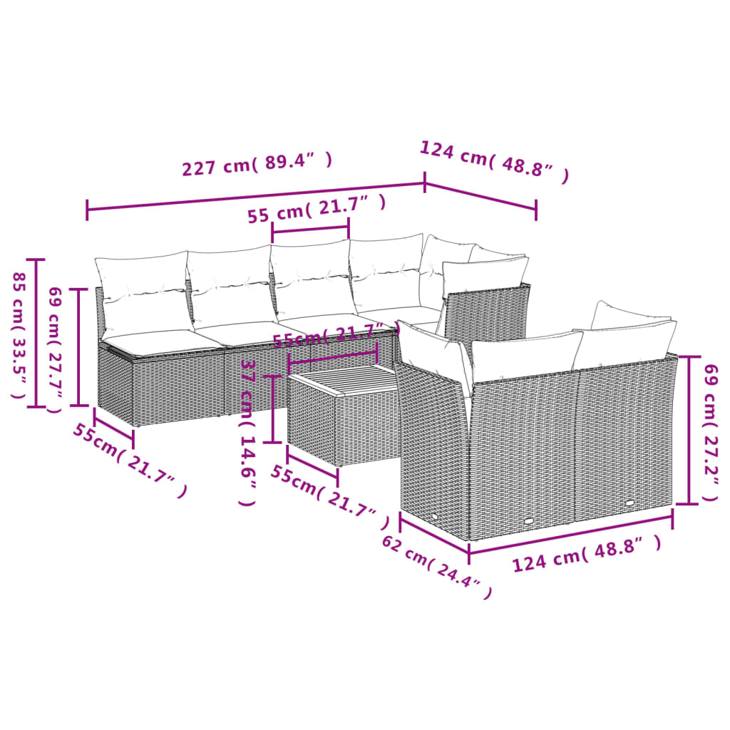 8 Pcs conjunto sofás de jardim com almofadões vime PE preto